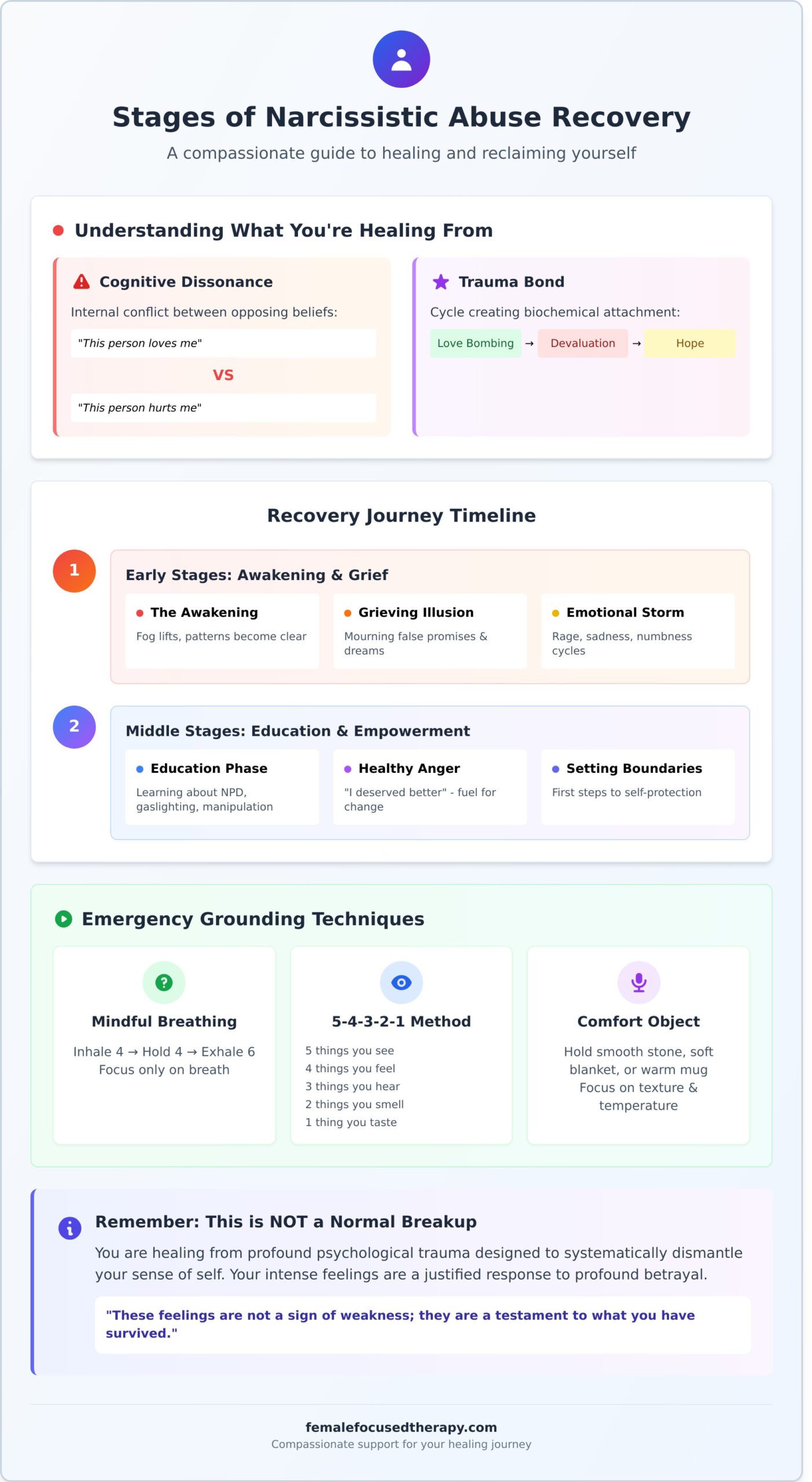 The Stages of Narcissistic Abuse Recovery: A Compassionate Guide to Healing - Infographic